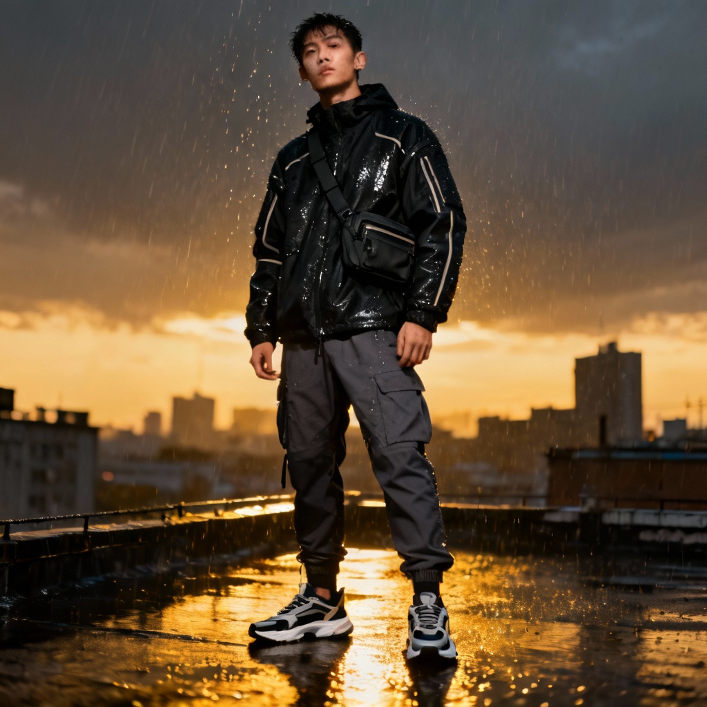 AI techwear outfit with tactical details and monochrome palette