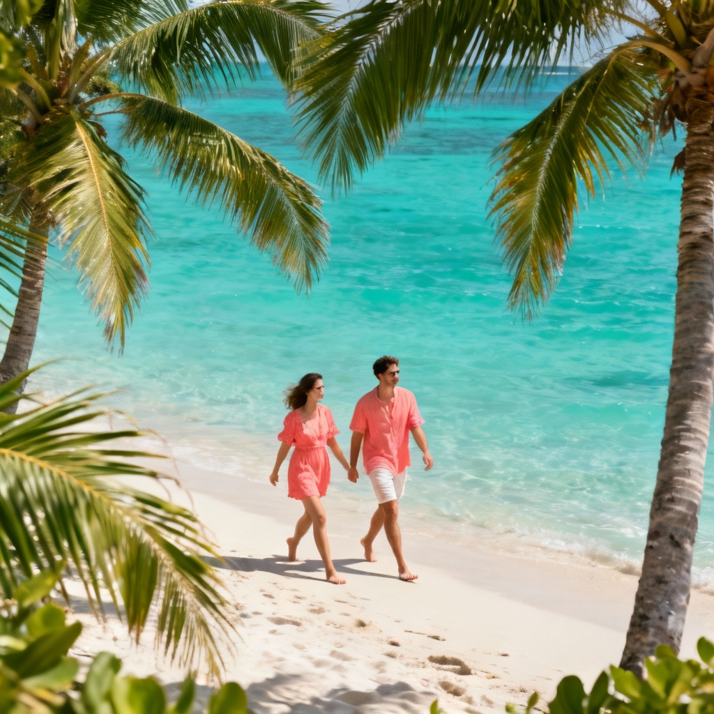 AI tropical beach couple walking under palm trees