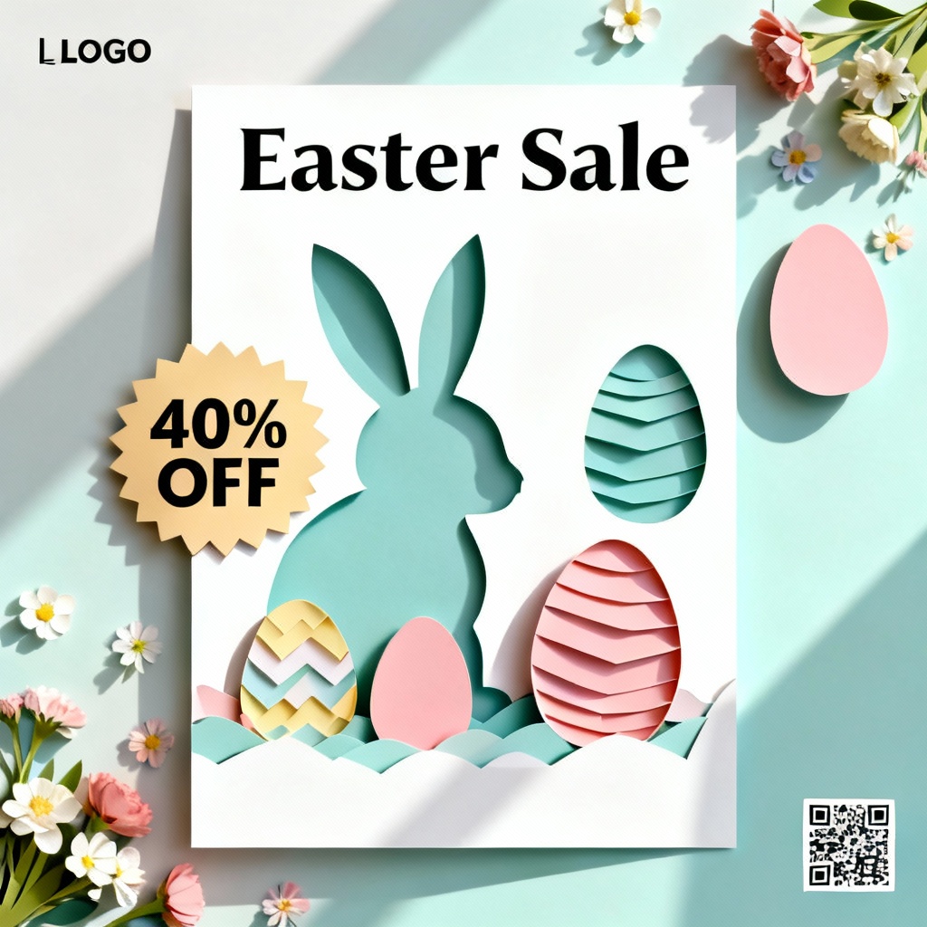 AI easter-promotion-poster with pastel eggs, big sale badge, and QR code