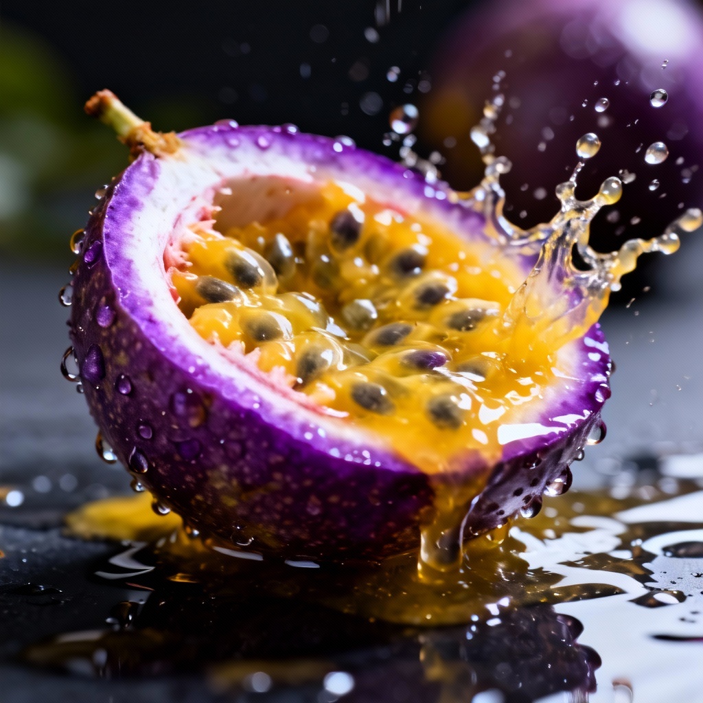 AI passion fruit still life with juice splash