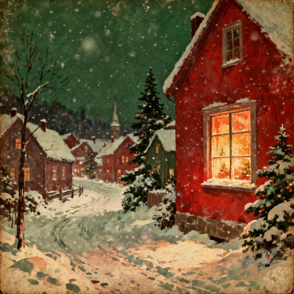 Vintage grain snowy village Christmas wallpaper aesthetic