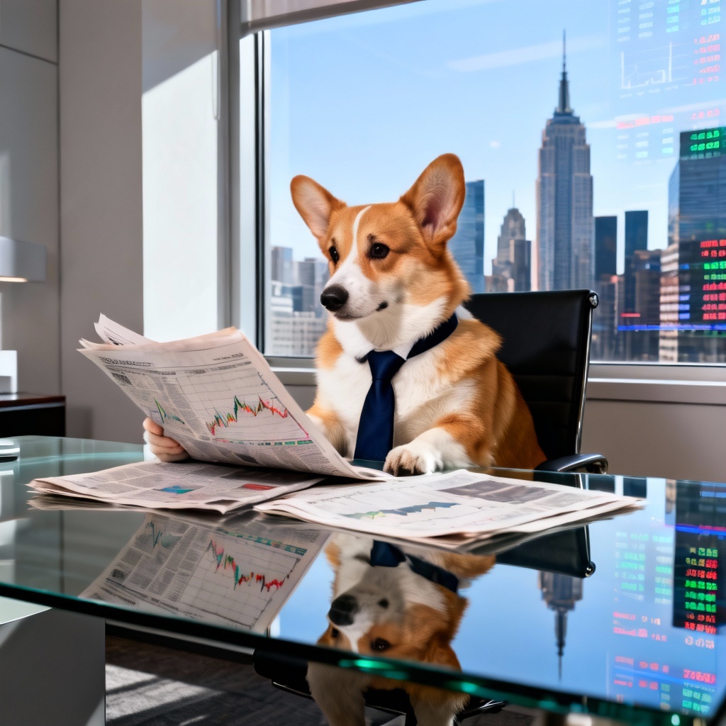 Corgi in a tie reading financial newspaper in office