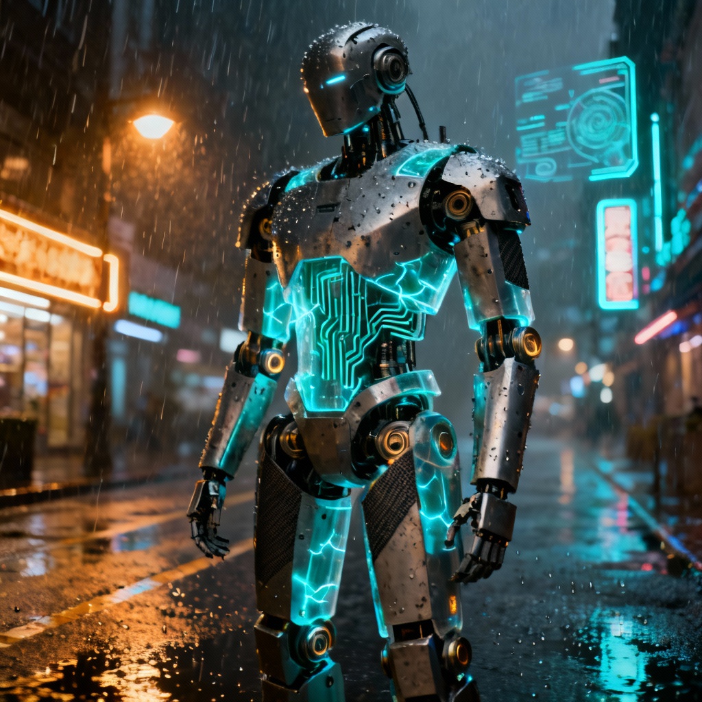 AI android robot standing in neon city street