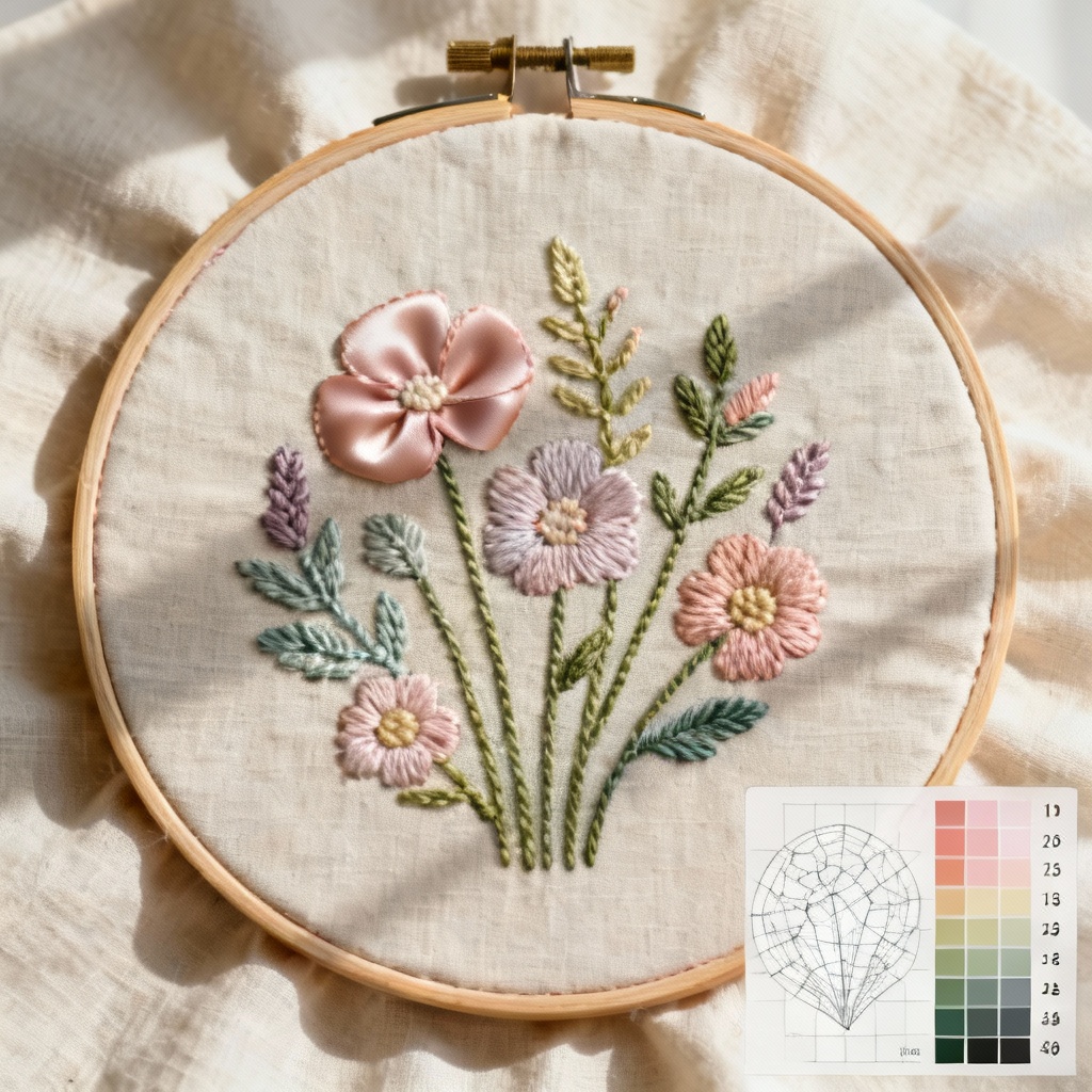 Embroidery hoop with floral satin and stem stitches mapped