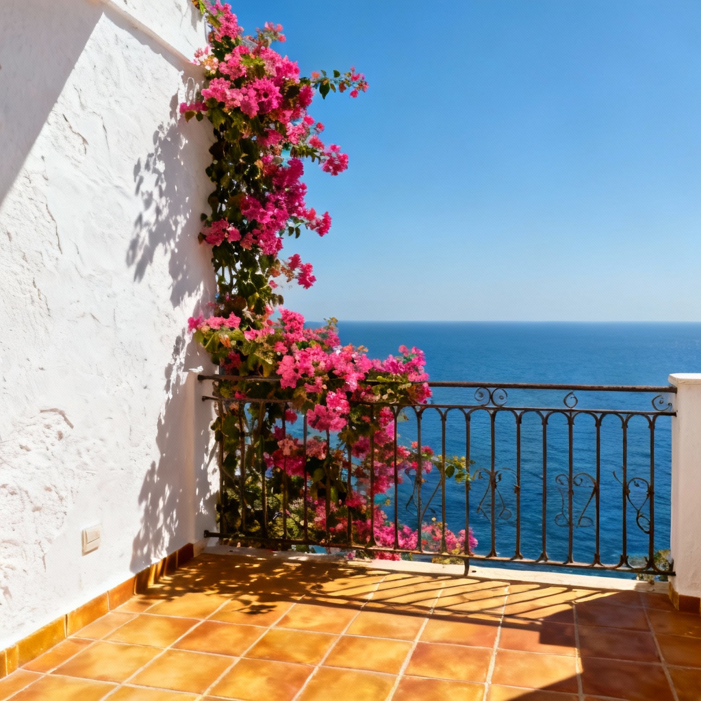Mediterranean balcony with bougainvillea and sea view