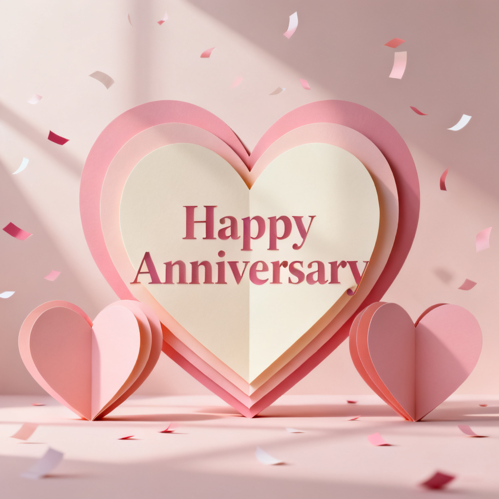 AI 3D paper cut hearts anniversary scene in pastel tones