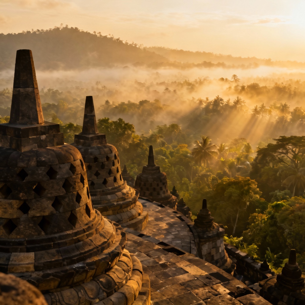 AI Borobudur sunrise with mist and temple stupas