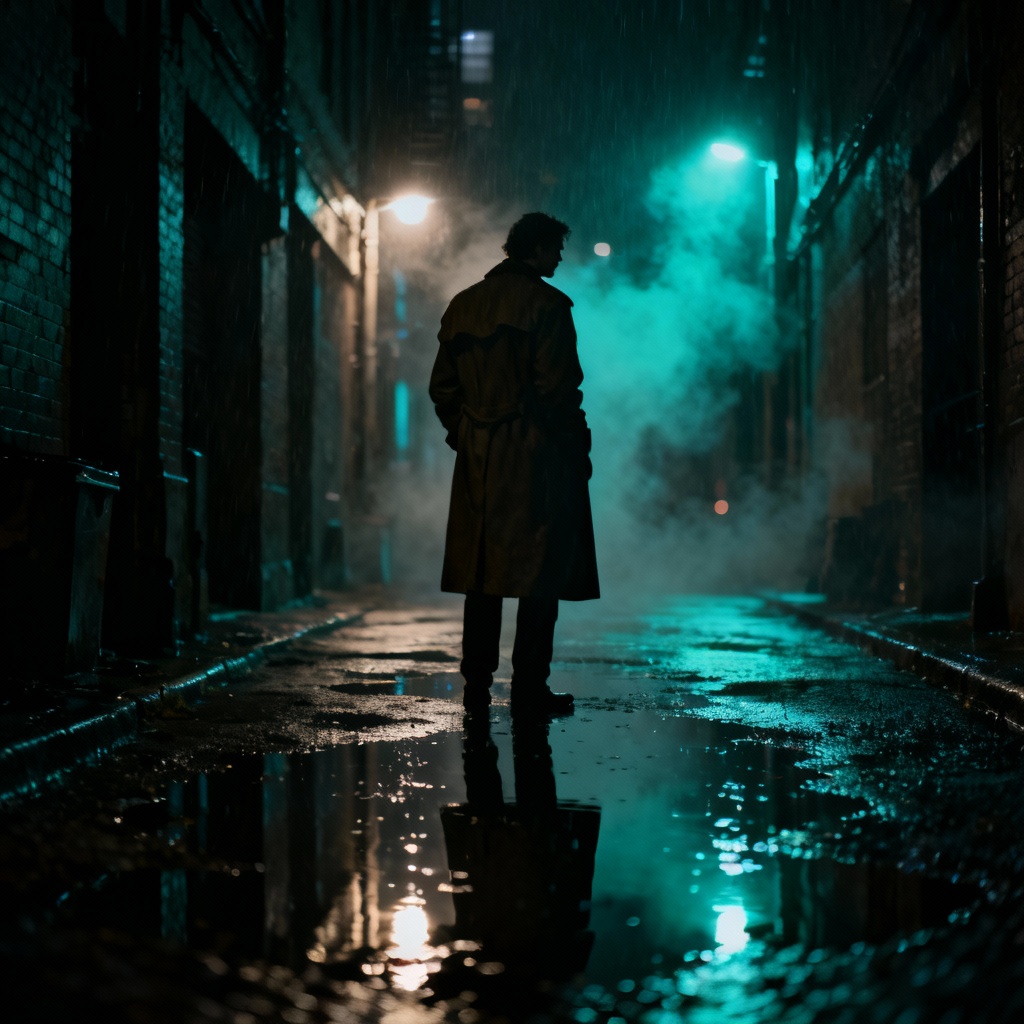 AI neo-noir movie theme with rainy alley and dramatic lighting