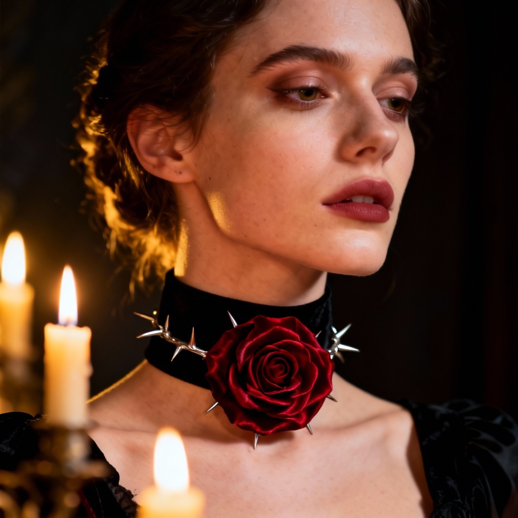 AI gothic velvet rose choker on model
