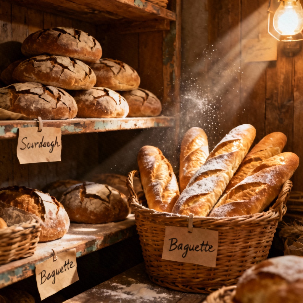 Rustic artisan bread wall with wood shelves and labels
