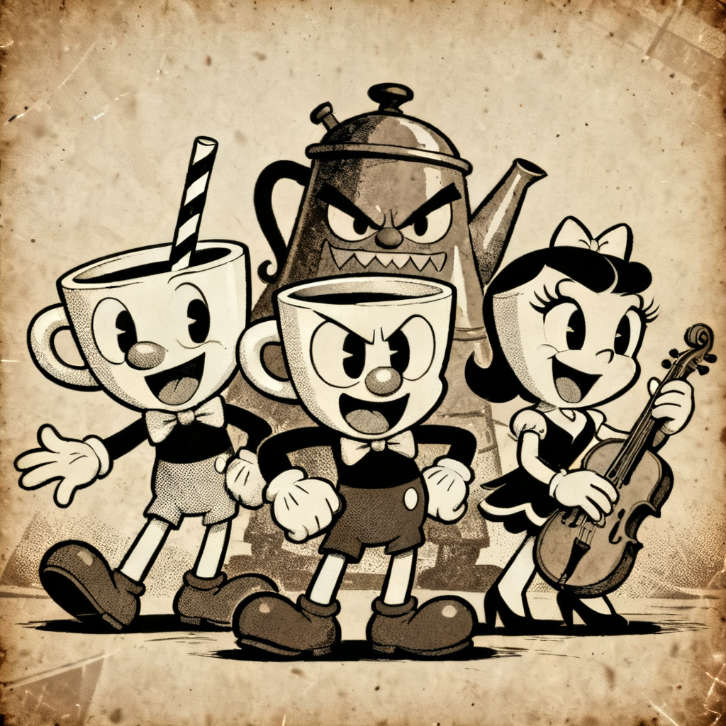 AI Cuphead OC hero and boss lineup in vintage 1930s cartoon style