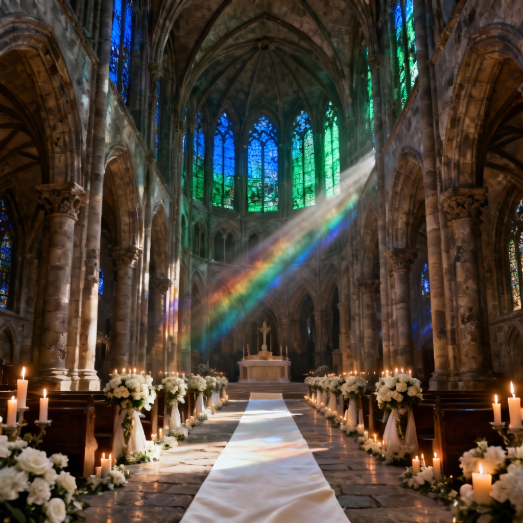 AI cathedral ceremony aisle with stained glass and candles