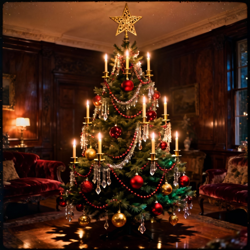 Vintage red and gold Christmas tree in classic parlor