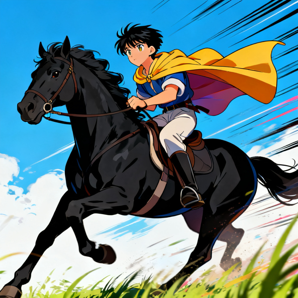 Anime character riding a horse with dynamic motion