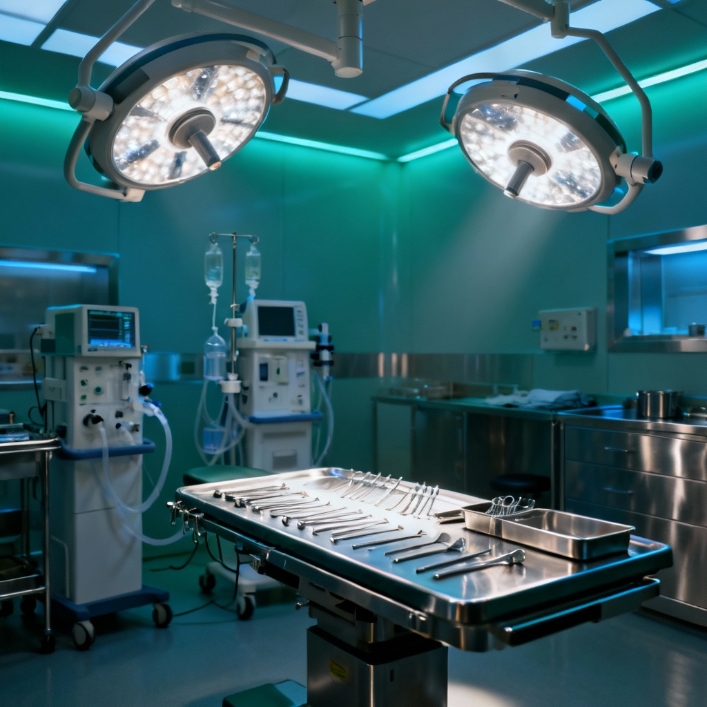 AI operating room with surgical lights and sterile setup
