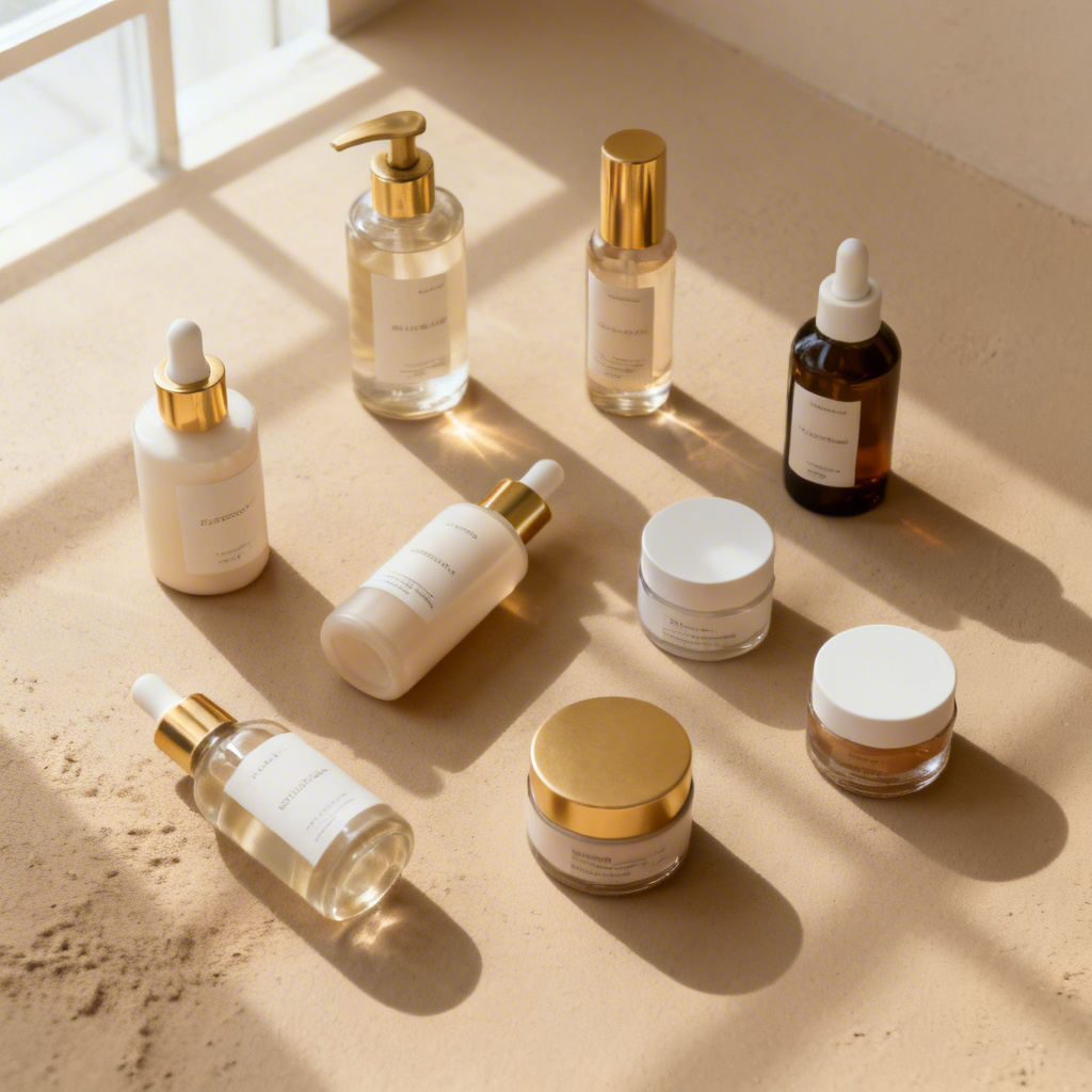 AI neat skincare product arrangement in a flat lay