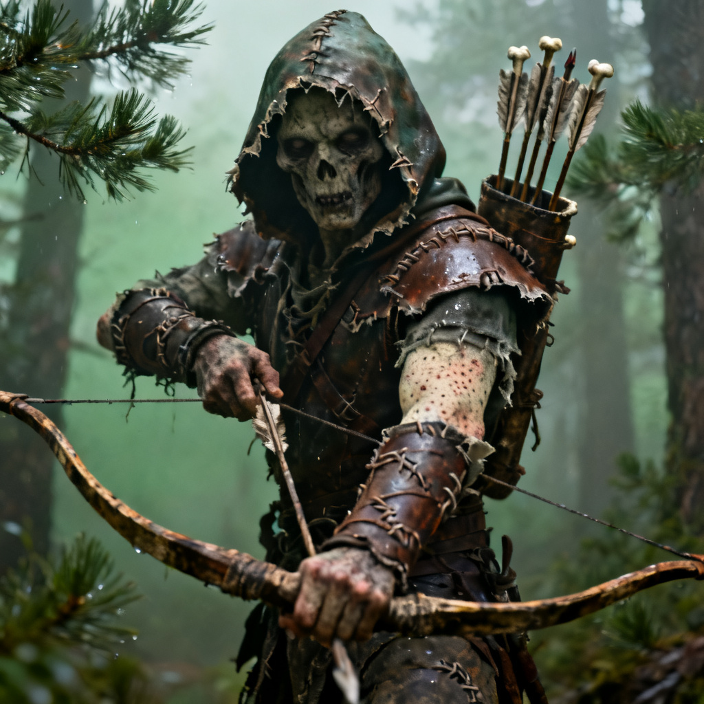 Forsaken OC hooded ranger with bone arrows in fog