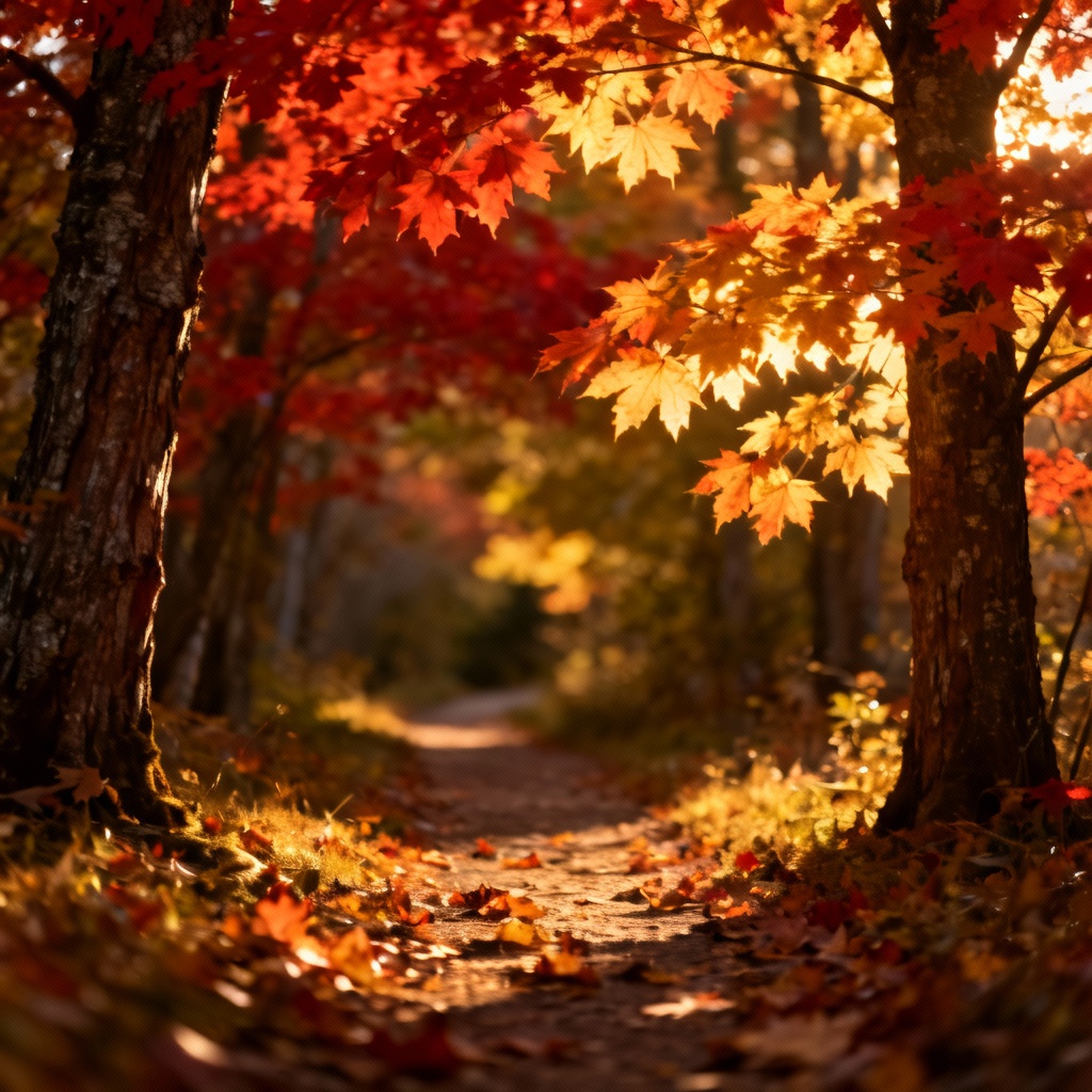 AI autumn forest path with red maple leaves