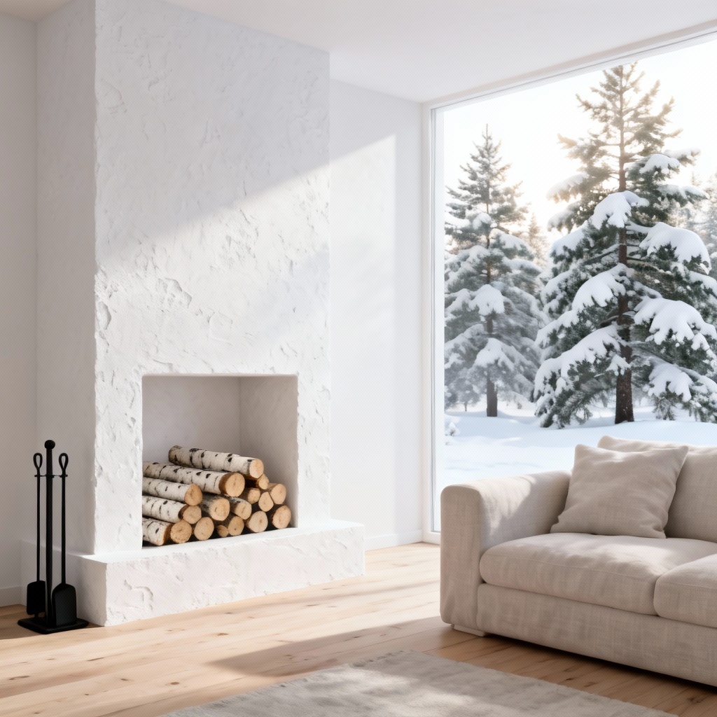 Minimal Scandinavian Yule log fireplace with clean design