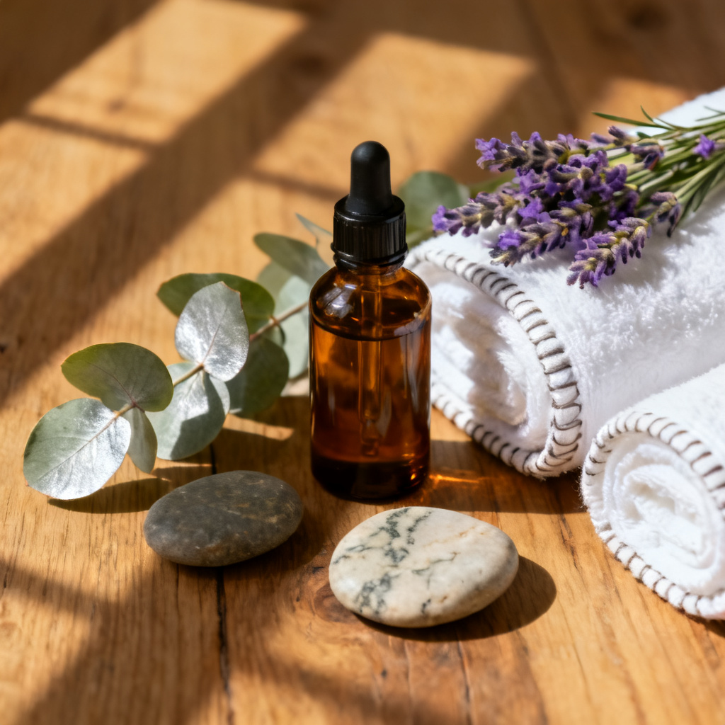 AI aromatherapy massage room moodboard flat lay