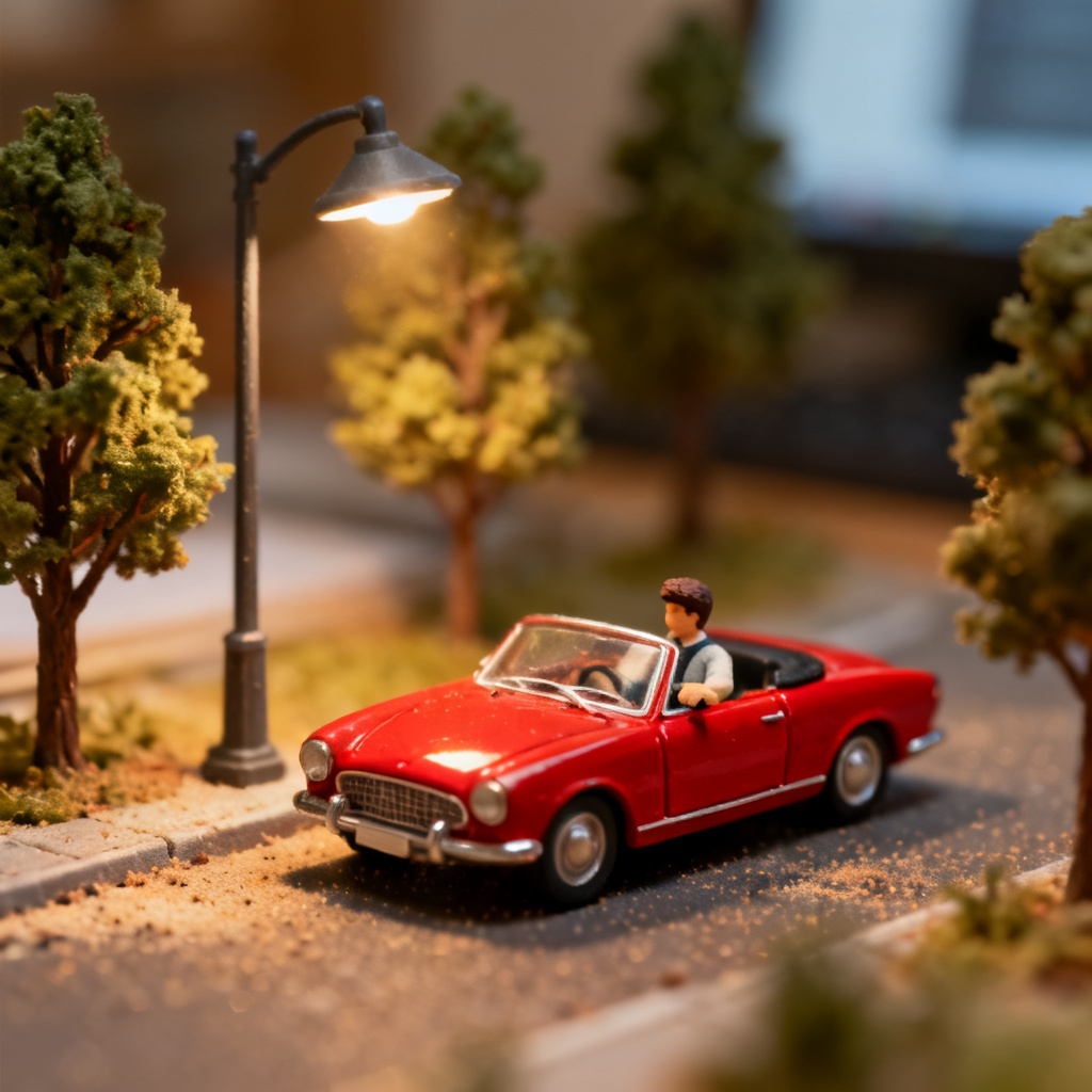 AI macro shot of miniature figure driving a toy coupe
