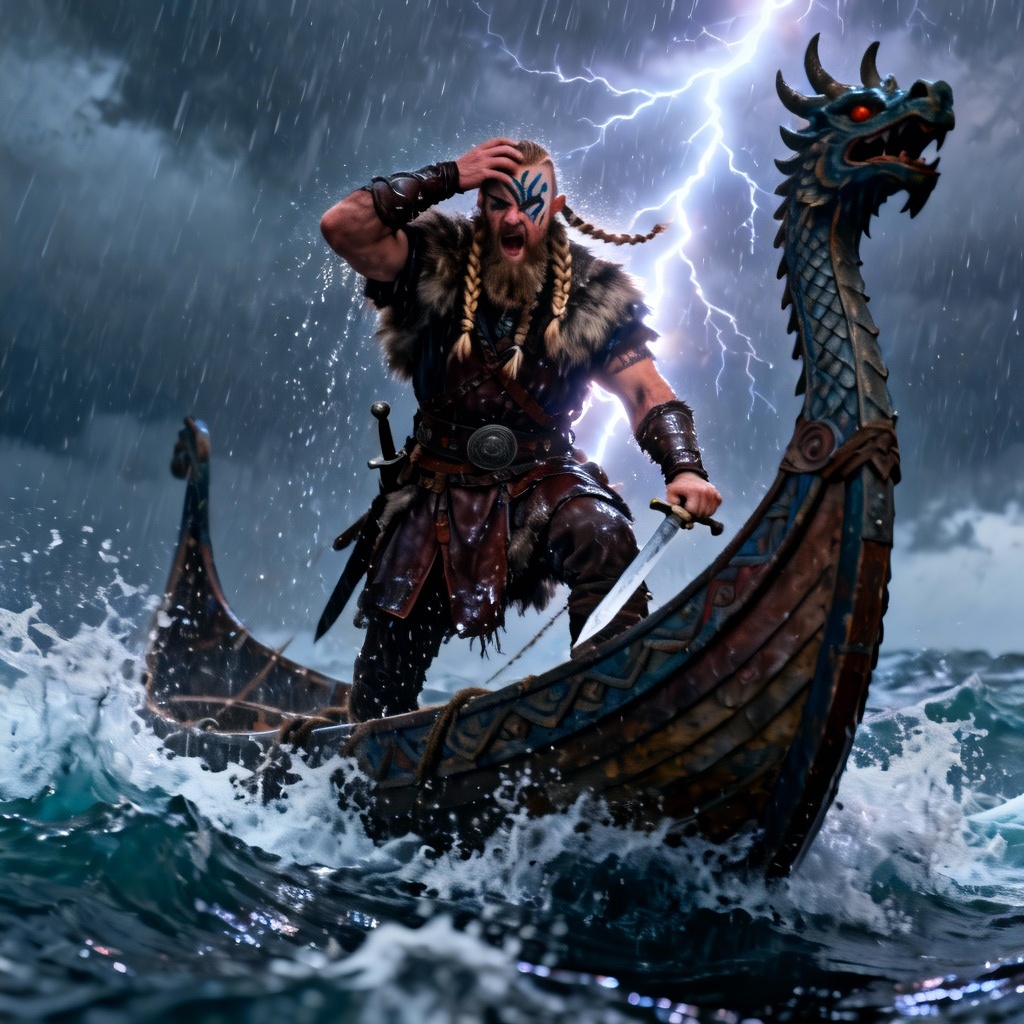 AI Viking berserker roaring on a longship in a thunderstorm