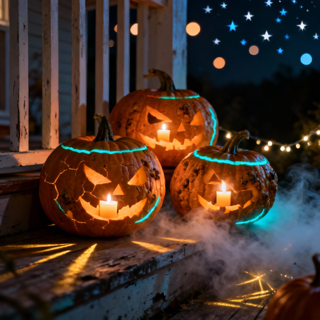AI glowing pumpkins on a wooden porch at night
