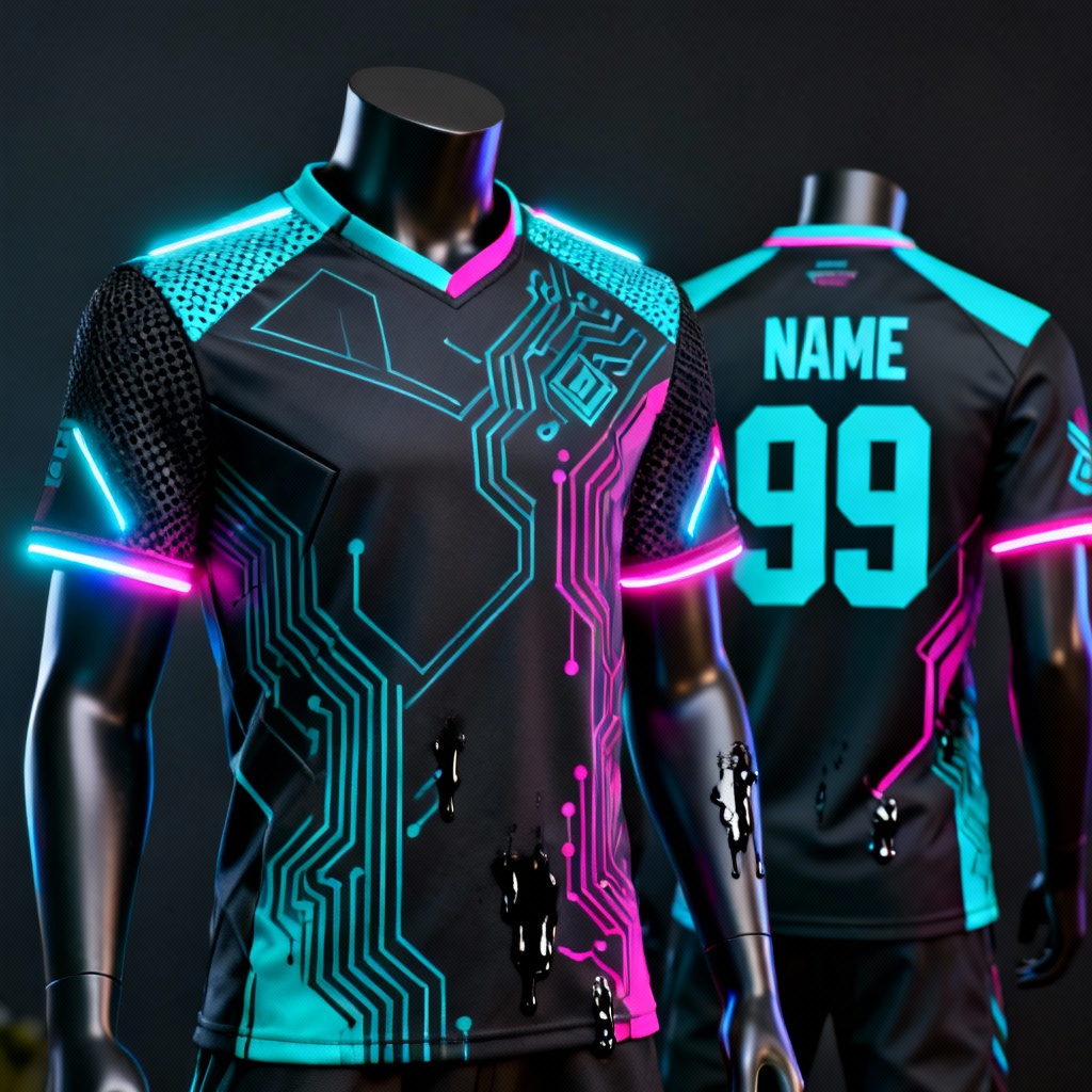 AI esports neon tech jersey with circuitry pattern