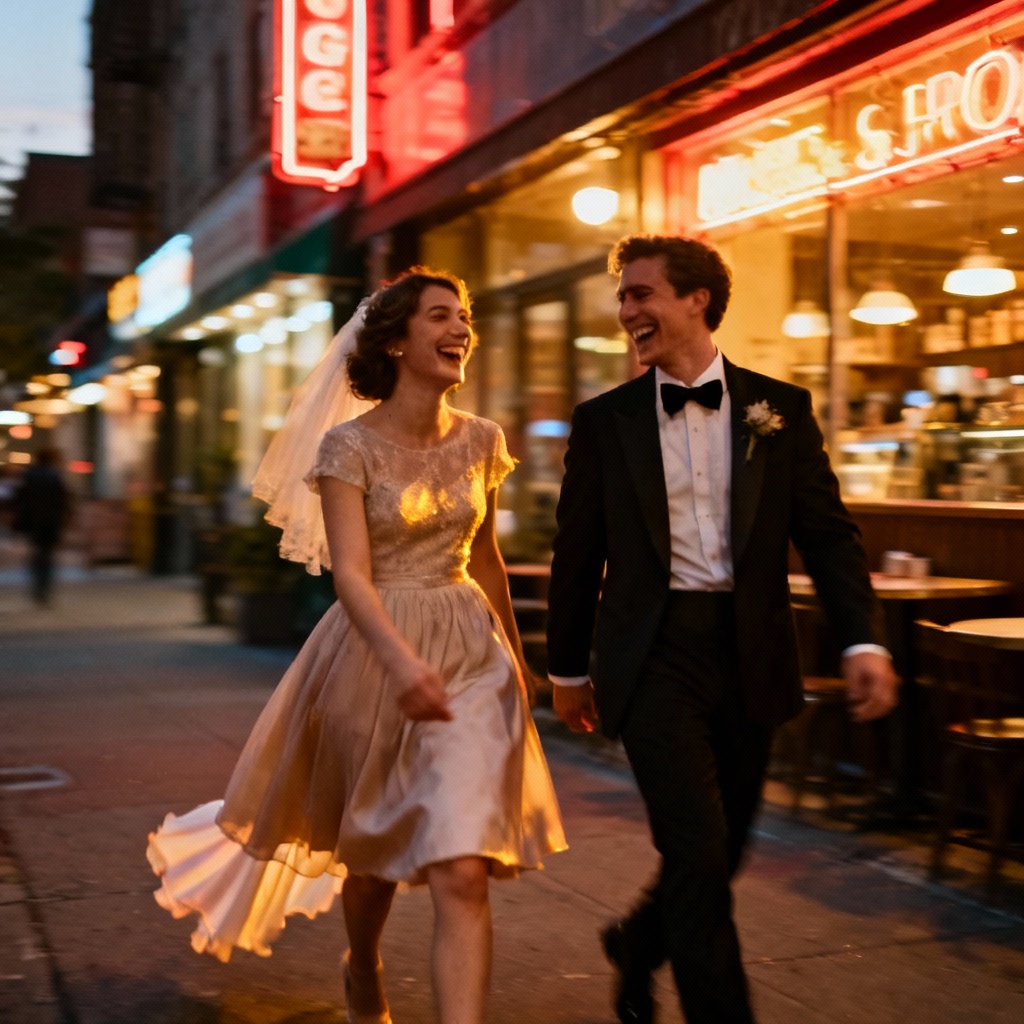 AI prewedding couple with vintage film city stroll vibe