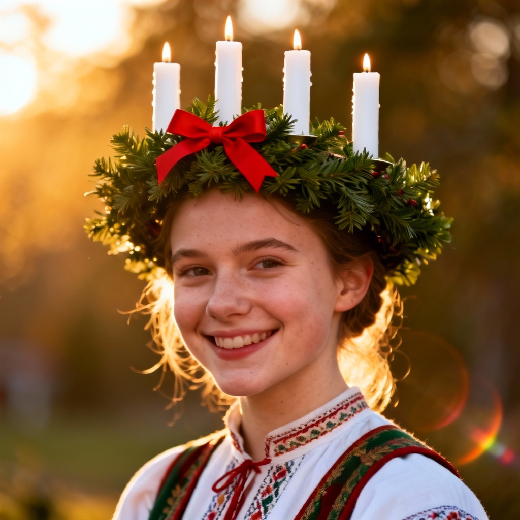 AI St Lucia portrait wearing evergreen wreath with five white candles