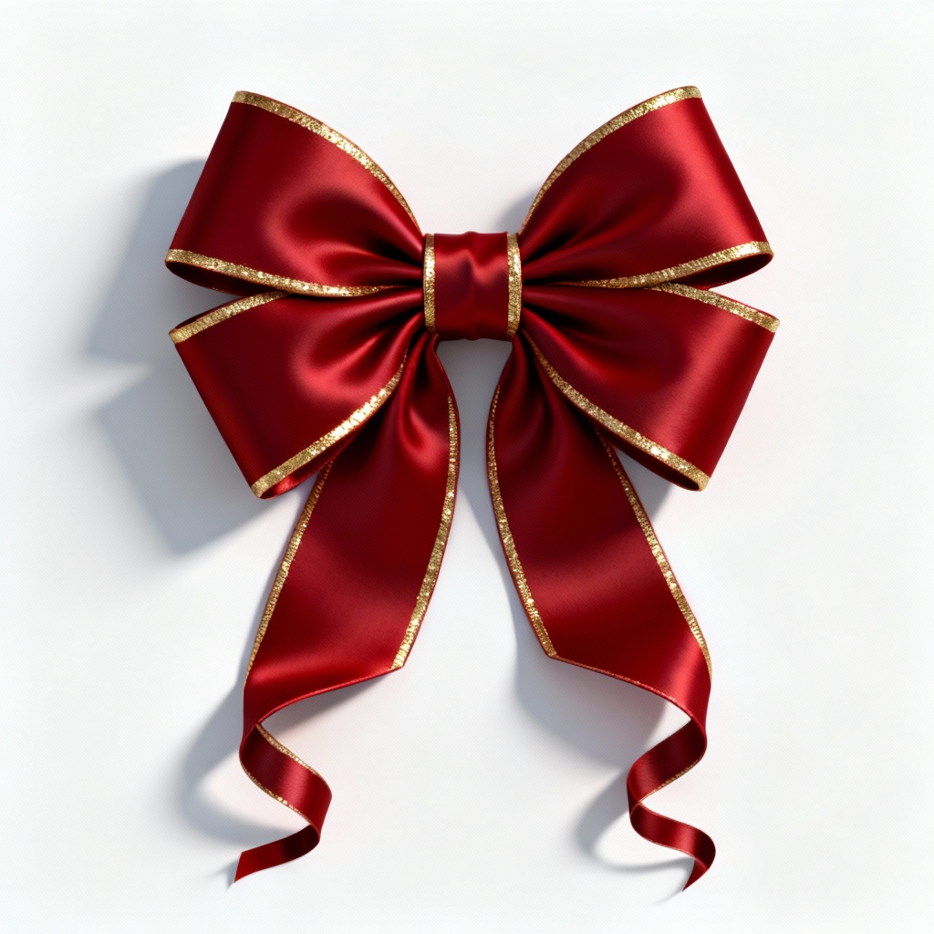 AI Christmas red satin bow with gold edge trim on white background