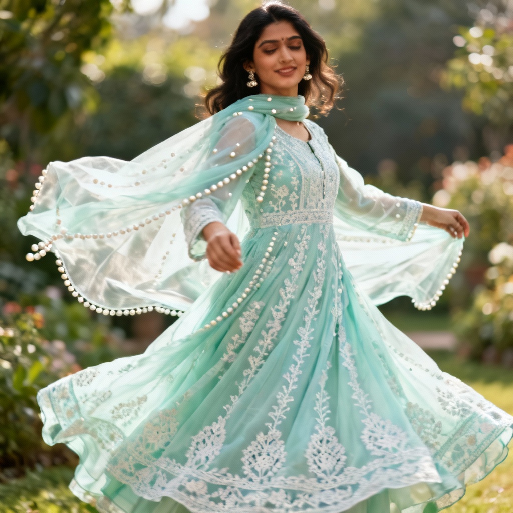 AI pastel Anarkali chikankari dress