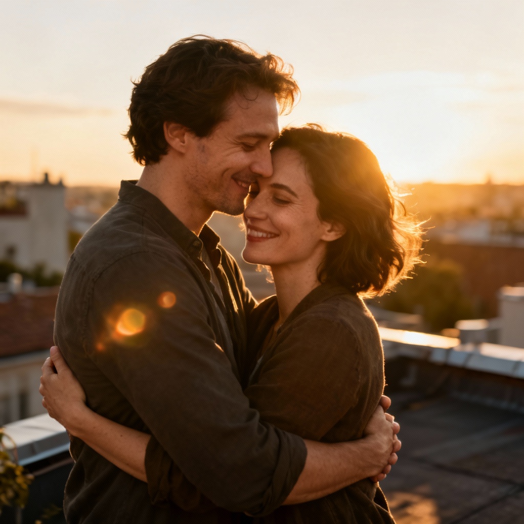 AI couple embracing at sunset on a city rooftop