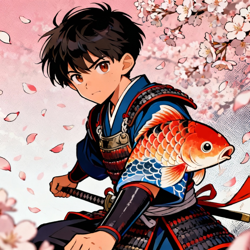 AI anime tattoo boy with neo-traditional samurai sleeve