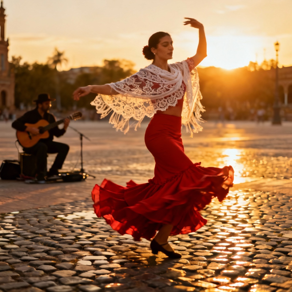 AI flamenco dancer in Seville at sunset with Giralda skyline
