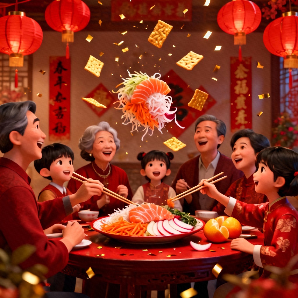 Family celebrating CNY with a joyful Lo Hei Yu Sheng toss