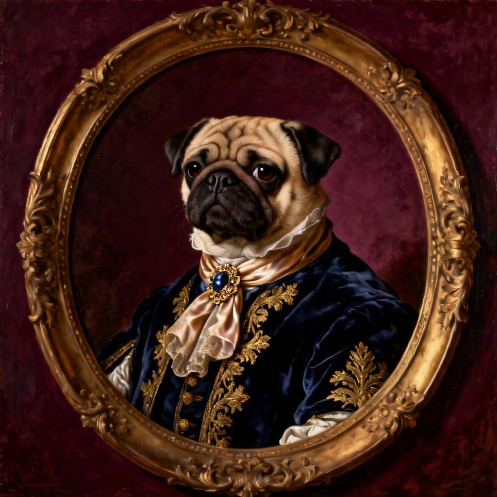 AI royal pet portrait of a pug in duke attire, oil painting style