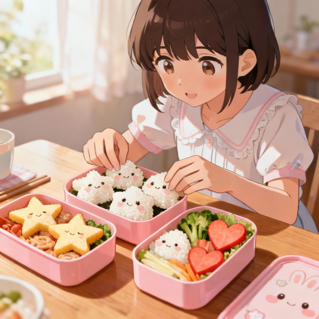 Kawaii anime bento preparation on a wooden table