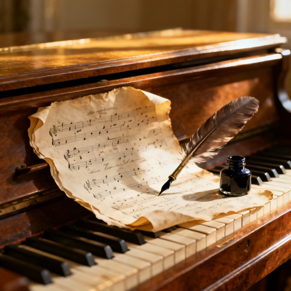 AI Classical Sheet Music on wooden piano with quill pen