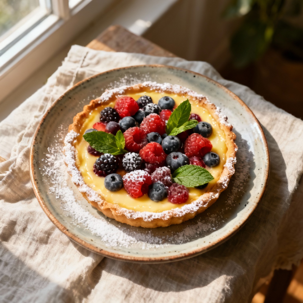 Fruit tart flat lay with berries and custard