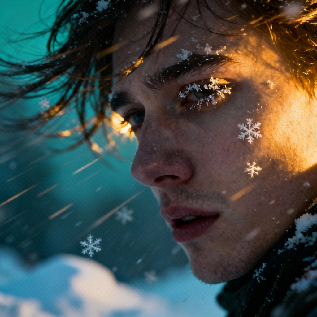 AI cinematic blizzard portrait with wind and snow