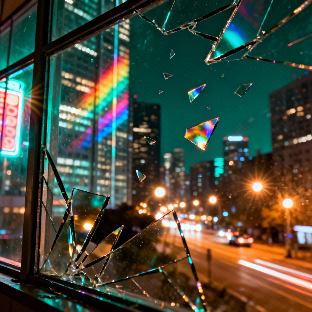 AI cityscape behind shattered glass effect