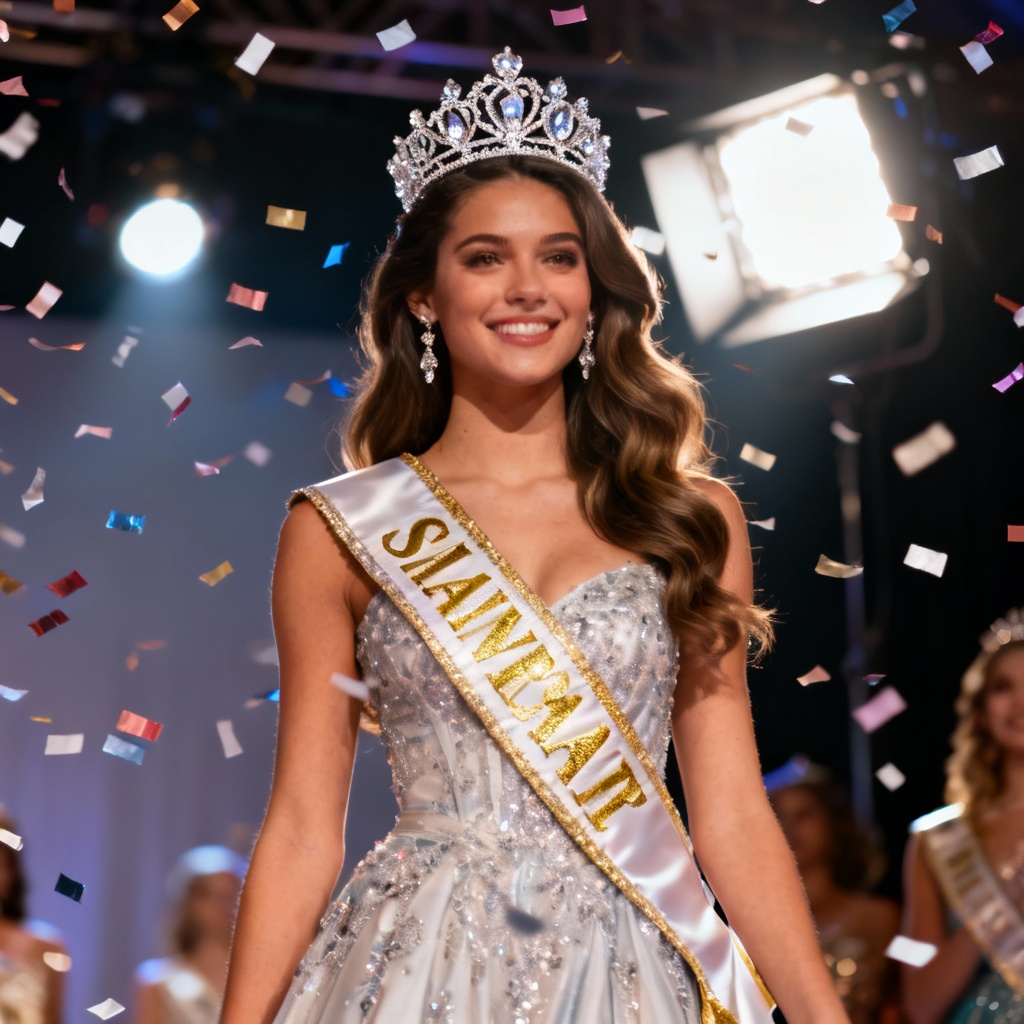 AI pageant crowning moment with tiara, sash, and confetti
