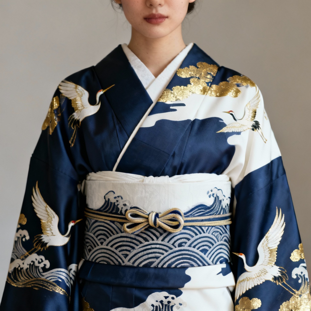 AI crane and wave kimono featuring tsuru and seigaiha motifs