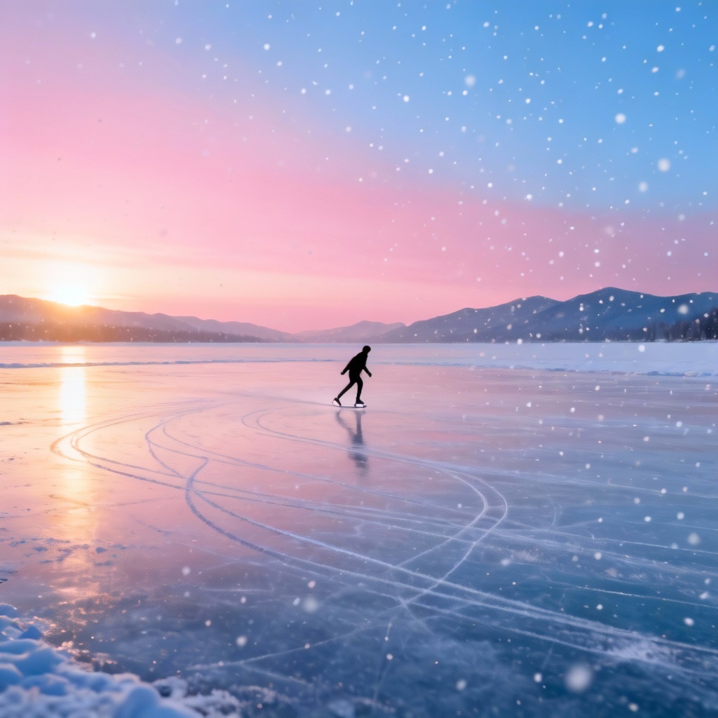 AI sunrise on a frozen lake with skater