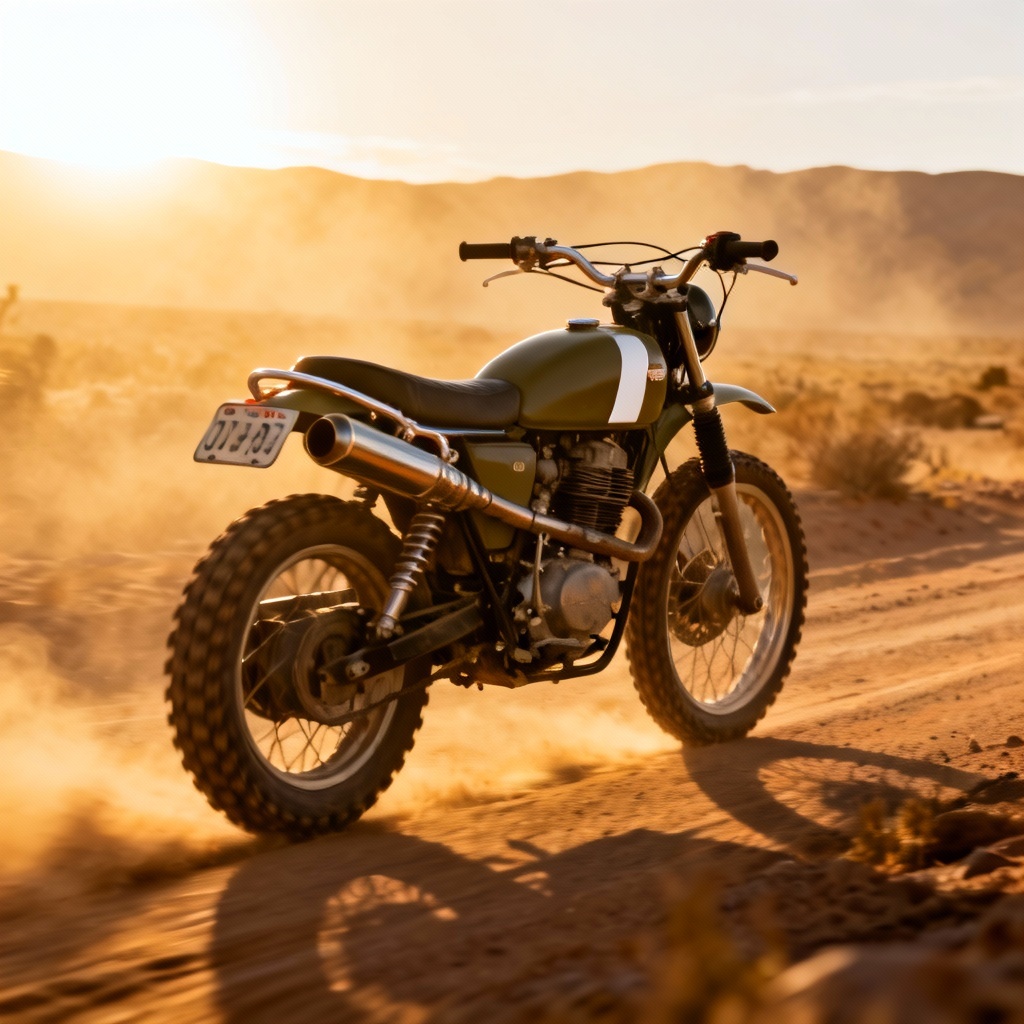 AI vintage 1971 desert scrambler classic motorcycle on sand trail