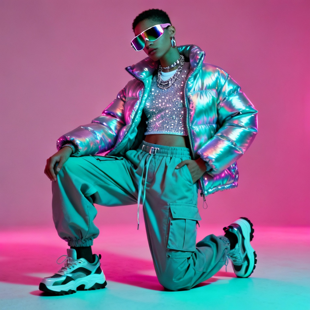 AI Y2K streetwear outfit mockup with neon chrome details