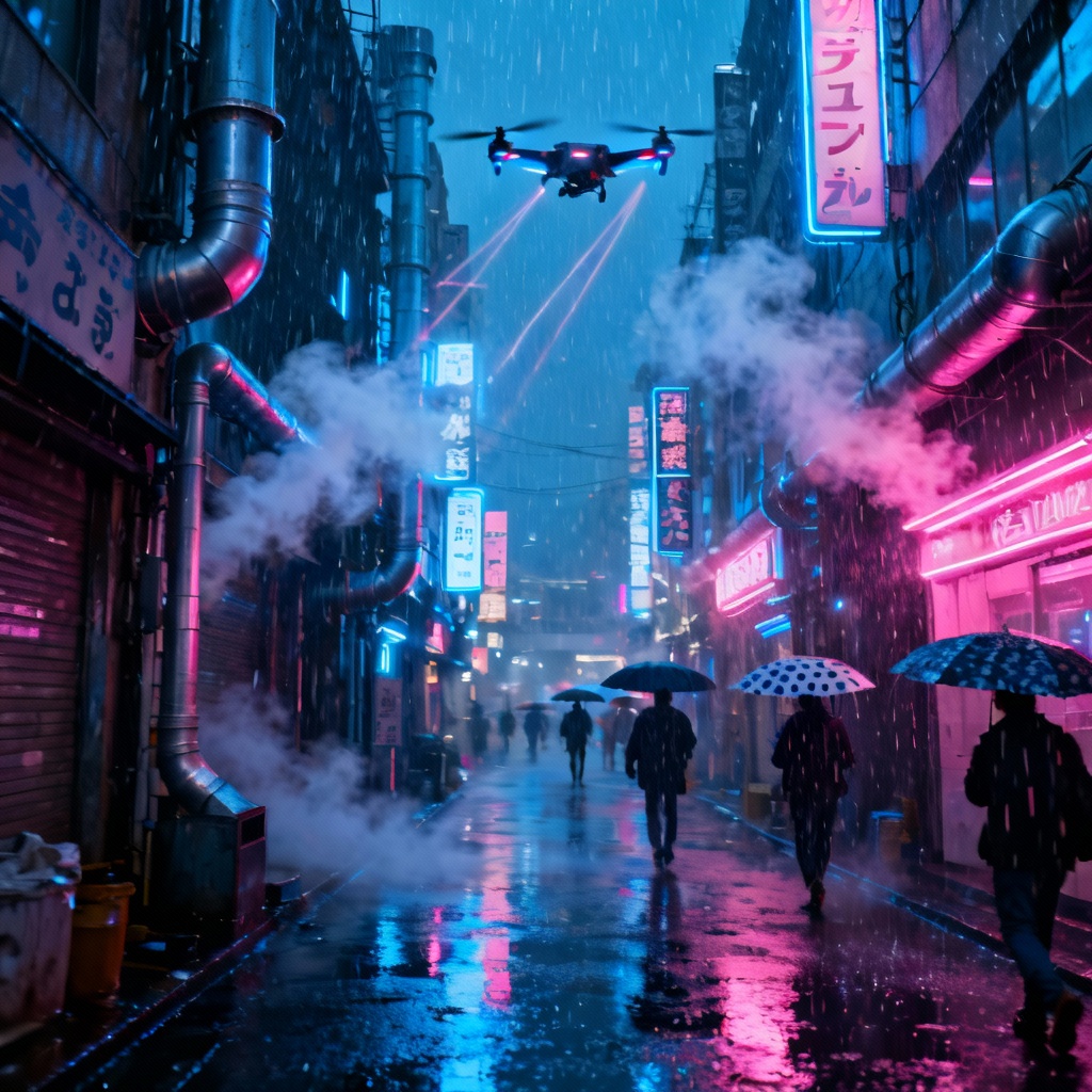 AI cyberpunk city neon alley with reflective rain