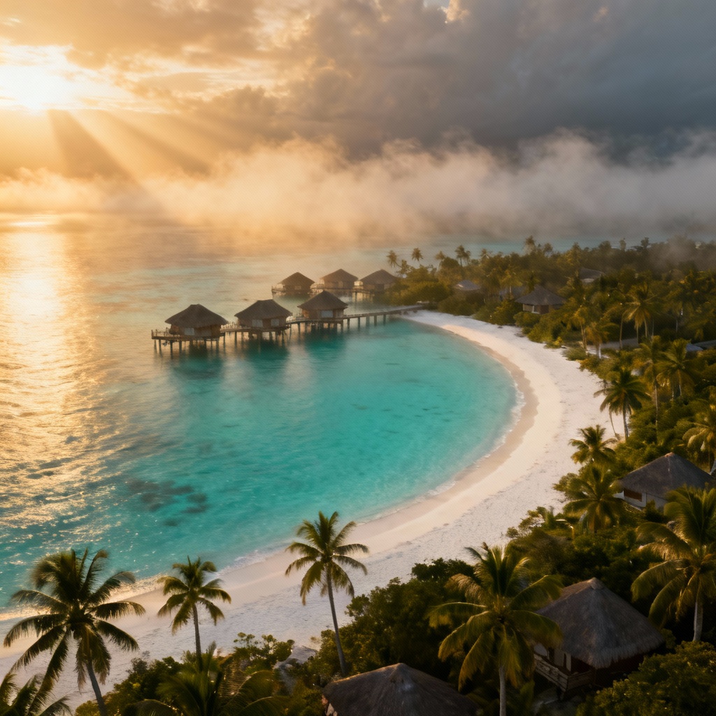 AI tropical paradise lagoon at sunset