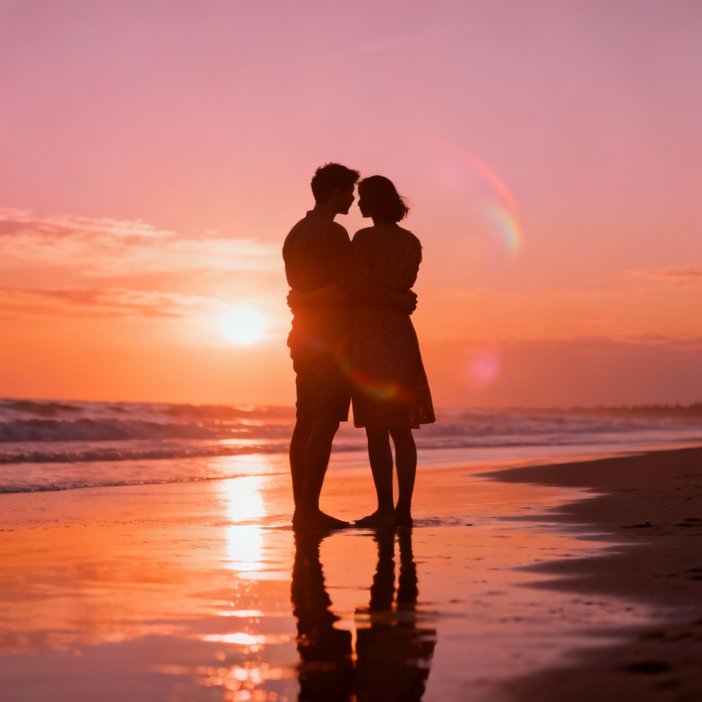 AI beach couple at sunset with dramatic sun glow